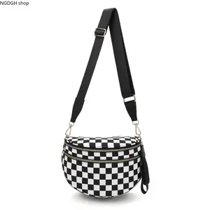 Black and White Checkerboard Crossbody Saddle Bag, Adjustable Wide Strap, Dual-Zipper Compartments, Retro Streetwear Vibe, Perfect for Casual Outings, Concerts & Everyday Style
