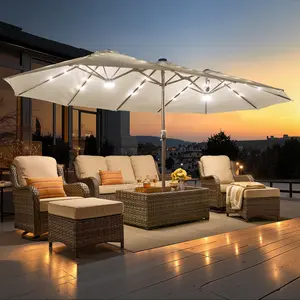 15FT Outdoor Patio Umbrella With Base, Solar Lights Umbrellas, Patio Tables with Umbrella Hole, Large Patio Umbrella With Crank Handle, Market Table Umbrella, Powerful UV Protective,  For Lawn Garden, Deck, Poolside