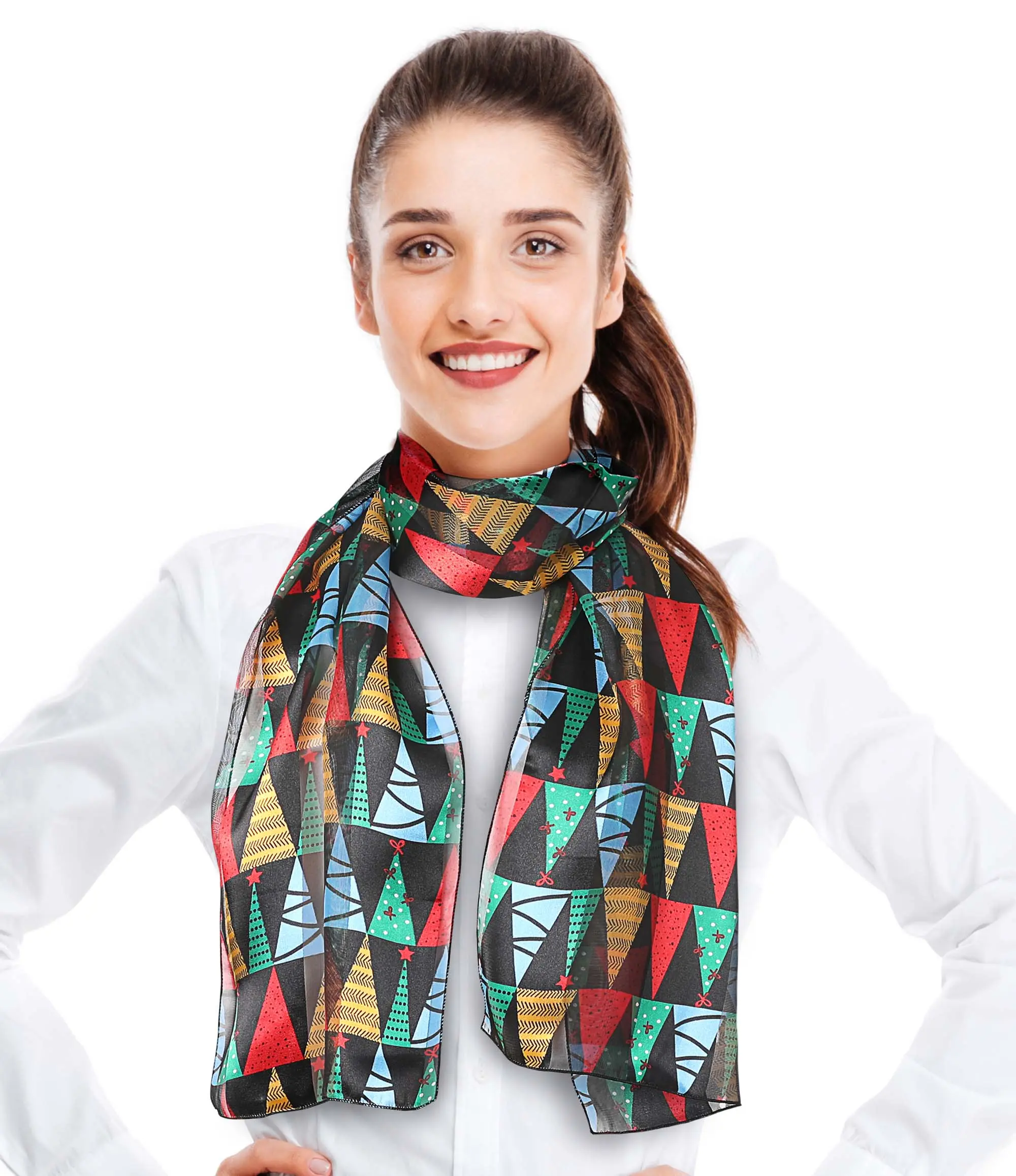 CBC Crown Women's Christmas Tree Festive Tree Print Rectangular Scarf - Lightweight Silky Polyester, Soft Texture, 13"x60", Hand Washable, Basic Design for Holiday & Casual Wear