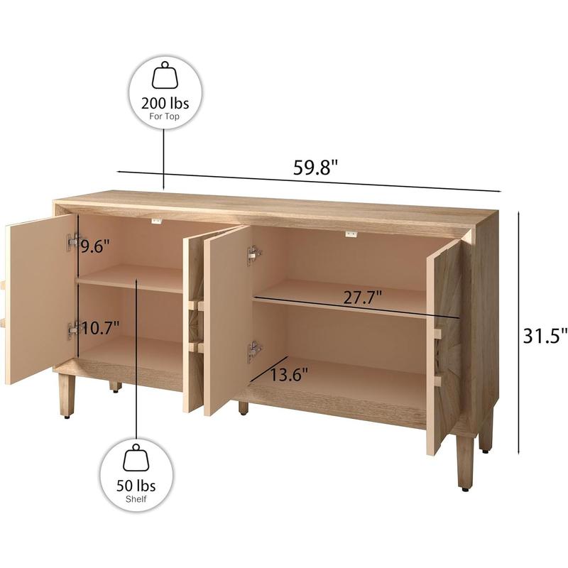Sideboard Buffet Cabinet, 60" Large Accent Credenza Cabinet with Sunburst 4 Doors & Adjustable Shelf for Living Room, Rustic Brown Kitchen Buffet Table with Storage, TV Stand Media Console