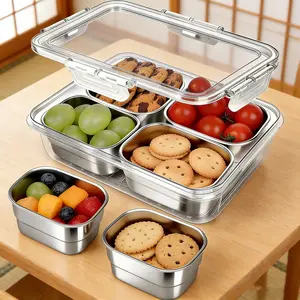 All-in-One Snackle Box Container | Divided Serving Tray with 4 Stainless Steel Compartments | Leak-Proof for Fruit, Veggie, Candy – Beach & Picnic Essential