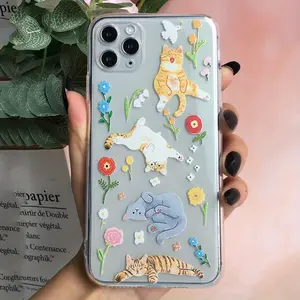 Cute Cat Flower Pattern Transparent Full Coverage TPU Phone Case Compatible with iPhone17 16 15 14 13 12 11 Pro Max XR XS
