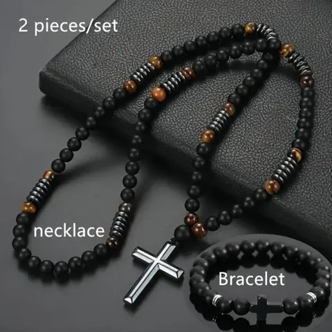 2pcs Bohemian Style Cross Pendant Necklaces for Men & Women - Matte Black & Tiger Eye Stones, Natural Stone Beads, Versatile for Daily Wear & Formal Events, Versatile Jewelry, Avant-Garde Necklace, Intricate Beadwork
