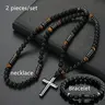 2pcs Bohemian Style Cross Pendant Necklaces for Men & Women - Matte Black & Tiger Eye Stones, Natural Stone Beads, Versatile for Daily Wear & Formal Events, Versatile Jewelry, Avant-Garde Necklace, Intricate Beadwork
