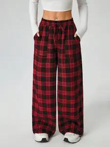 Women's Autumn And Winter Woven Plaid Wide-Leg Trousers With Pockets
