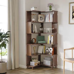 L-shaped corner solid wood bookshelf/ 5-Shelf Bookcase for Game Room, Bedroom, Living Room,  Wooden  Furniture, Available in four colors