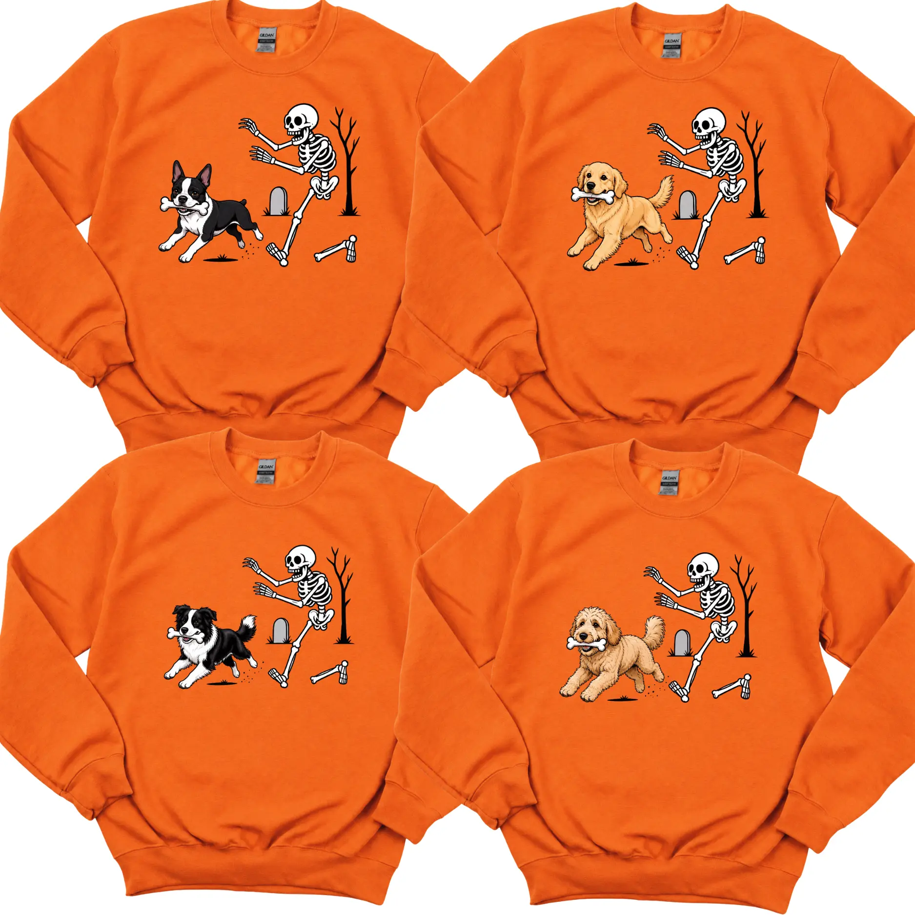 Custom 50+ Dog Breeds Halloween Sweatshirt, Personalized Puppy Skeleton Chasing Dog Crewneck, Funny Spooky Season Pet Lover Sweater, Dog Mom Dog Dad Halloween Gift, Orange Color - AL