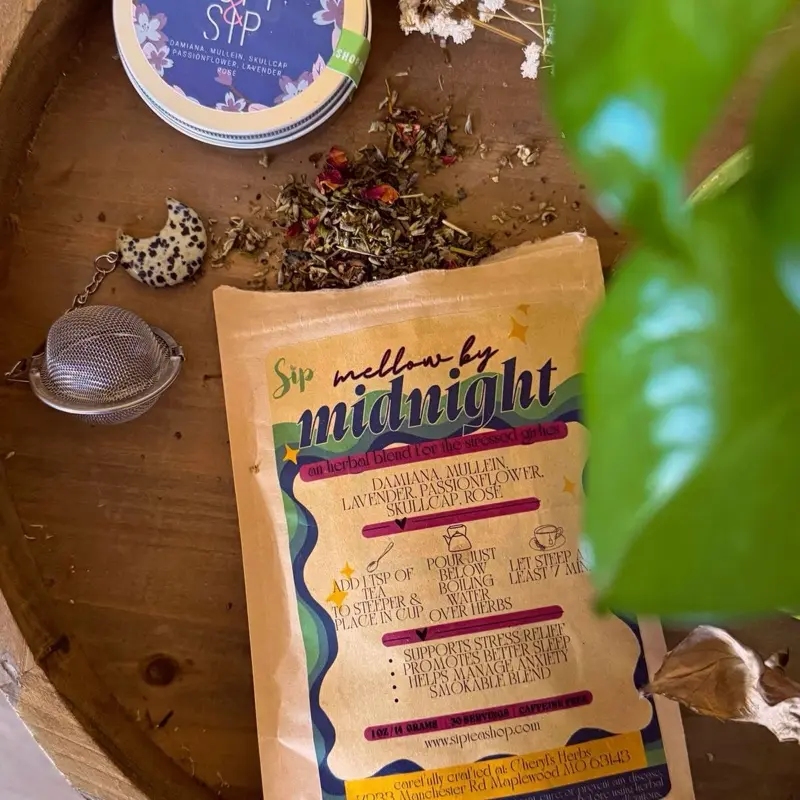 Mellow By Midnight Tea - Herbal Blend for Stressed Givers with Damian, Chamomile, Lavender, Passionflower, Skullcap & Rose