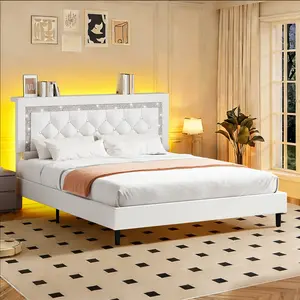 [Memorialday] HOMBCK Bed Frame with Storage Headboard, Bed Frame with Headboard Diamond Tufted and LED Lights, Wooden Slats Support, Noise Free, No Box Spring Needed, Easy Assembly