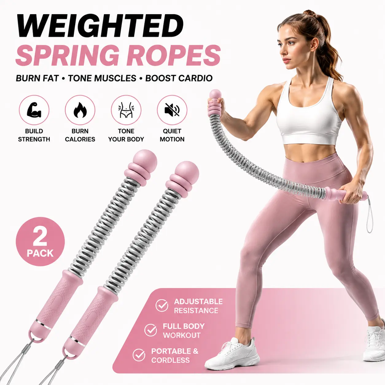 Cordless Weighted Battle Ropes with Adjustable Resistance Springs - Portable Unisex Full Body Fitness Equipment for Home Gym, HIIT Workouts, Strength Training & Ideal Gift, Strength/Cardio, Internal Weights abdominal muscle exercise, Quiet Motion, Hiit/St