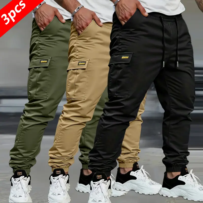 3-Pack Men's Versatile Work Pants, Durable Non-elastic Fabric, Regular Multi-Pocket Design, Drawstring Waist, All-Season Style - Durable Pants for Fitness, Outdoor, Commuter and Casual Wear - Machine Washable pantalones para hombre