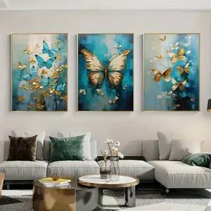 Optional Wooden Frame Texture Oil Painting Canvas Print Posters 3pcs Set Golden And Blue Butterfly Design Artistic Canvas Wall Art Paintings for Home Decor
