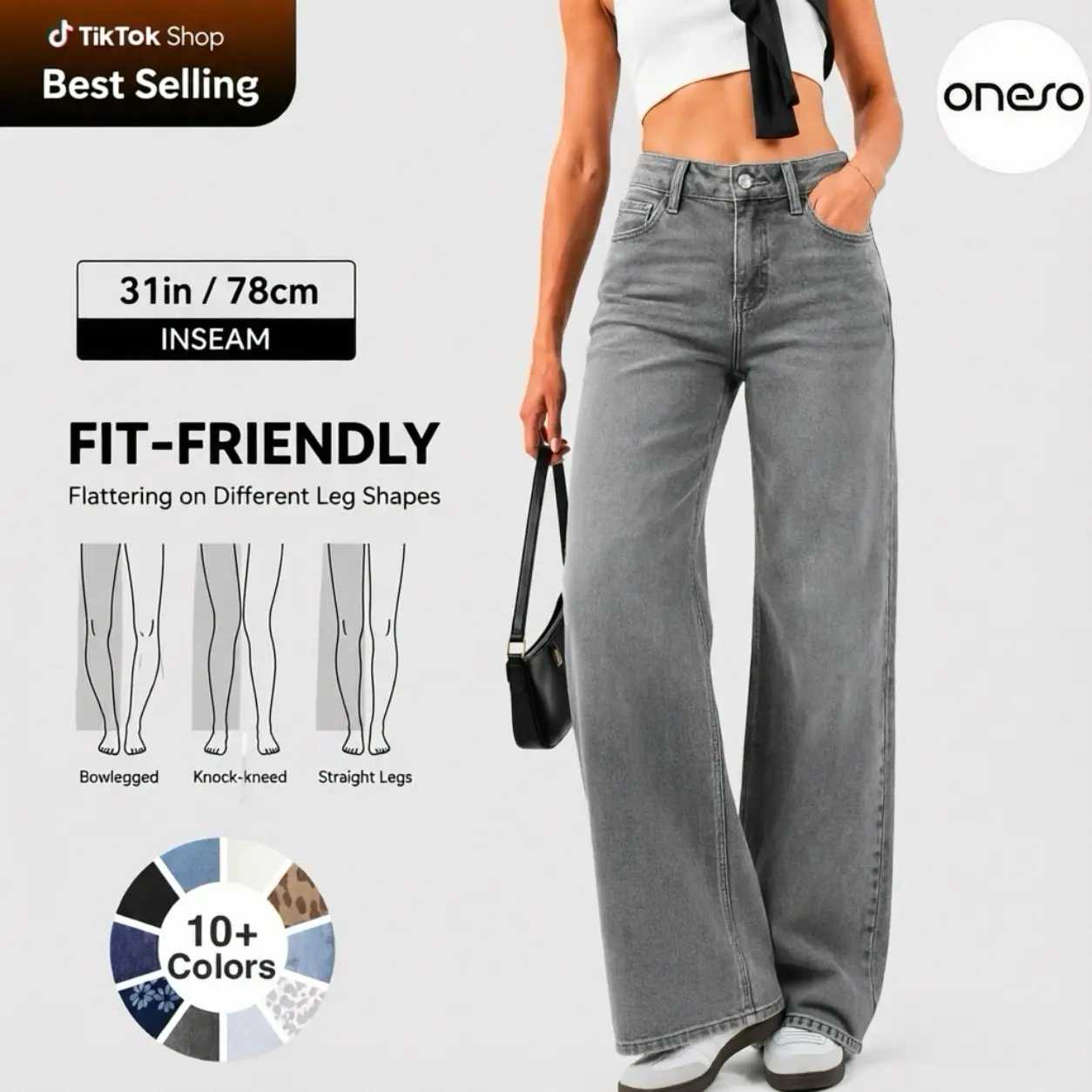 Magic ONESO Tummy Control Stretchy BBL Wide-Leg Jeans for Women Washed Grey Mid-Low Rise Snatched Waist Denim Minimalist Everyday Pants Womenswear