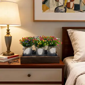 🌸 Artificial Flower Table Centerpiece Decoration– Real-Look Artificial Flowers Rustic Wood Tray + Metal Potted, Farmhouse Table Decor for Living Room Bedroom, No Watering Never Wilt, Best Housewarming Gift Idea 🏡✨