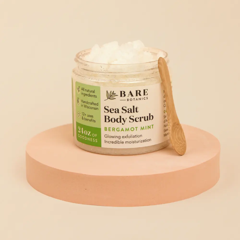 Bare Botanics All Natural Sea Salt Body Scrub 24 oz Bergamot Mint, Double Exfoliating & Ultra Moisturizing Hydrating Skin Polish with Jojoba, Argan & Shea Butter, Vegan & Cruelty-Free