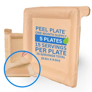 Peel Plate [5-Pack] 75 Servings Total [9.5in X 9.5in] - 1 Month Supply of Reusable Paper Plates Microwavable Peelware
