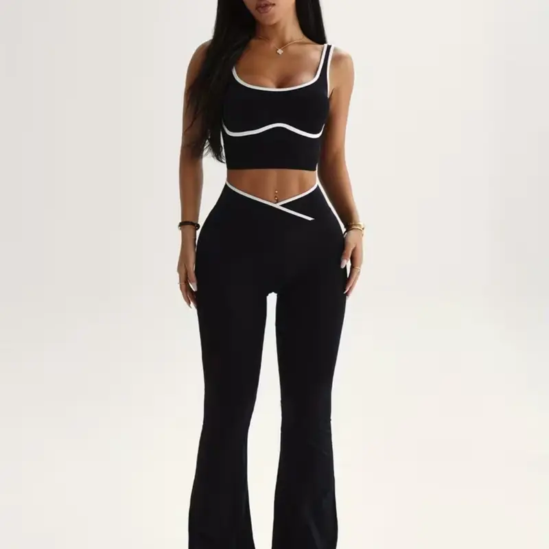 Women's Seamless Colorblock Tank Top and Bell-Bottom Pants Set with High-Waisted Butt-Lifting Design, Casual Athleisure Workout Yoga Outfit, Seamless Yoga Outfits, Seamless Workout Sets