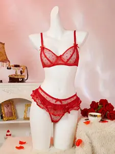 Women's Lace Dot Sheer Lingerie Set, Sweet Desire Style, Pleated Hem, Ruffle & Bow Detail, Plus Size Friendly, Perfect for Dating & Home