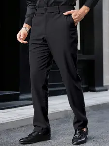 Men's Half Elastic Waist Casual Pants, Lightweight Comfortable Straight Leg Trousers, Multiple Colors Available, Daily Wear Business Commute
