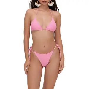 Women 2PCS Bikini Set, Solid Color Wire-Free Padded Halter Straps Bra, High Waist Triangle Panty, Summer Swimming Set