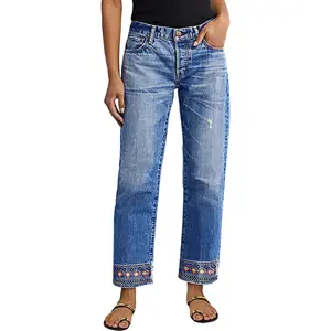 Flamingals Geometric Pattern Mid Waist Straight Leg Crop Jeans Stretchy 26.4 Inseam