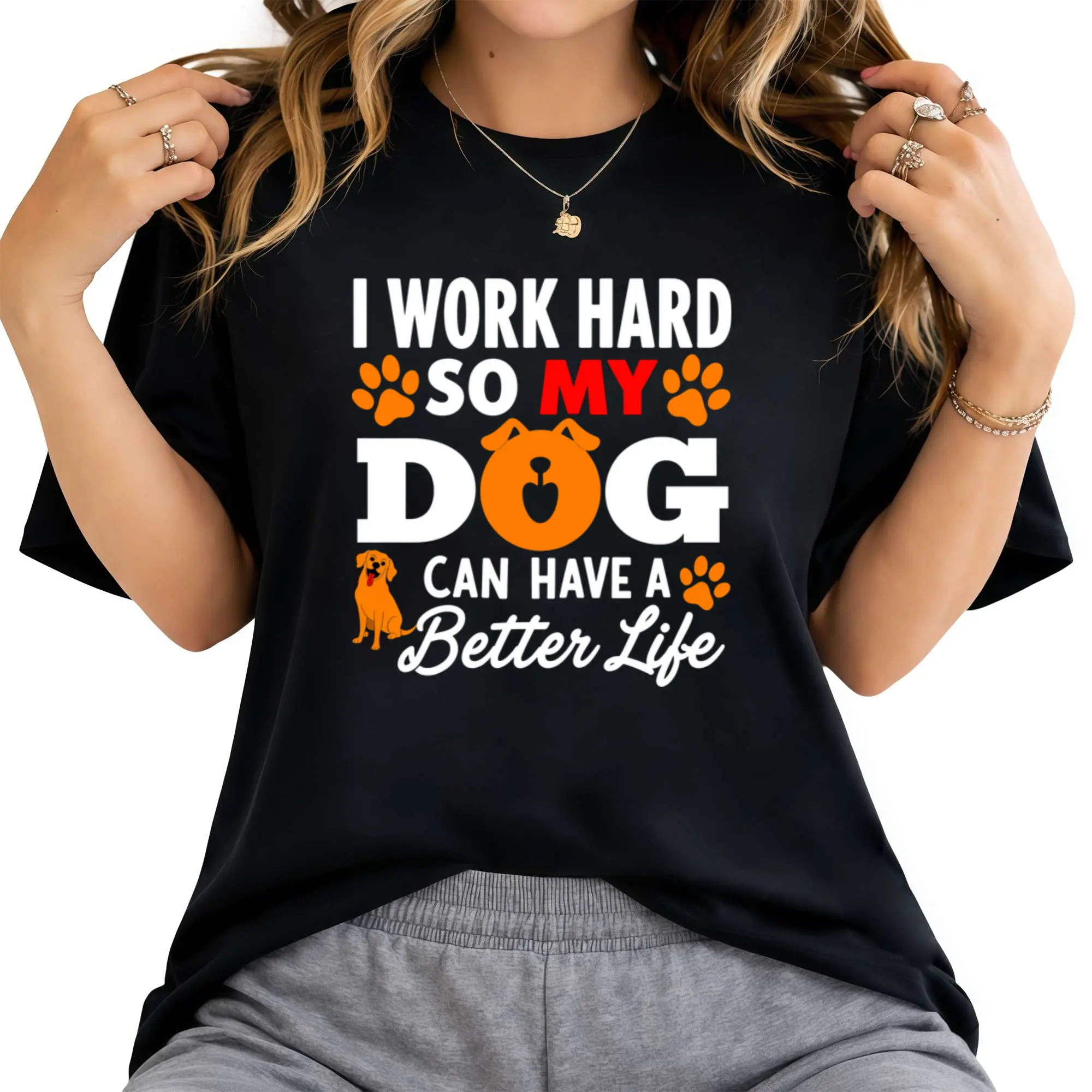 Women's "I Work Hard So My Dog Can Have A Better Life" Dog Lover T-Shirt with Paw Prints & Pug Graphic - 100% Casual Crew Neck Short Sleeve Tee for Pet Owners, Casual Attire