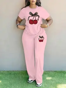 Women's Fashion Leopard Bow Cherry Print Short Sleeve Top & Wide Leg Pants Set, Casual Fitted Two-Piece for All Seasons