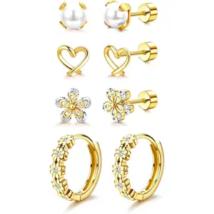 CASSIECA 14K Gold Plated Hypoallergenic Earrings Stack 316L Surgical Stainless Steel Cute Pearl Flower Butterfly Heart Strawberry Rainbow Flat Back Earrings Stack Small Daisy Huggie Hoop Earrings Stack Set for Sensitive Ears