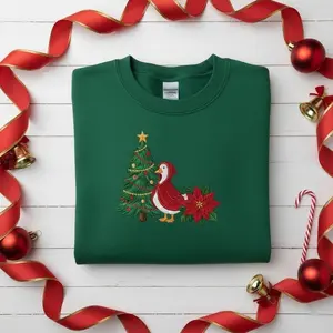 Embroidered Goose Red Cape Christmas Tree Sweatshirt, Festive Poinsettia Hoodie, Holiday Animal Crewneck, Xmas Bird Apparel, Custom Gift