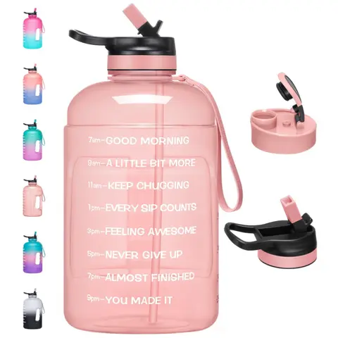 GEDUX 74 oz Half Gallon Unisex Sports Water Bottle - BPA Free, Leakproof, Reusable, Washable, Portable, Lightweight, Silicone, Polypropylene, Nylon, 2 Lids (Chug, Straw), Time Markers, Inspirational Quotes - Workout, Outdoor Camping Hydration Essential