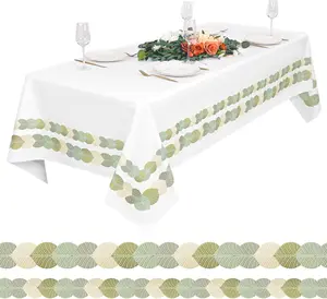 1/4 Pack White Tablecloths for 6 Foot Rectangle Tables 60 x102 inch,Polyester White Table Clothes with Green Leaf Border for Wedding, Washable Rectangle Table Cover for Party Buffet Camping