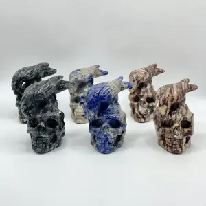 【Crystal Bliss Shop】1 count "Hand - Carved  Natural Crystal Skull & Raven Figurines - Unique Decor"