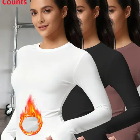 3-Pack Women's Thermal Underwear Tops, Solid Color Classic Crew Neck Long-Sleeve Base Layers for Autumn & Winter - Ideal as Running, Hiking Activewear, Comfortable Base Layer Tees Suitable for Outdoor Activities