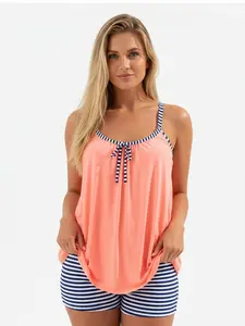 Women's Coral Striped Tankini Swimsuit 2 Piece Modest Bathing Suit with Boyshorts Tummy Control Swimwear S-XL Non-See-Through Fabric Adjustable Fit bikini