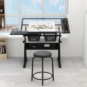 Adjustable Height Drawing Table for Adults – Folding Art Desk with Tiltable Surface, Storage Drawers, Extra Side Desktop, Professional Artist Workstation for Painting, Drafting, Crafting, and Sewing