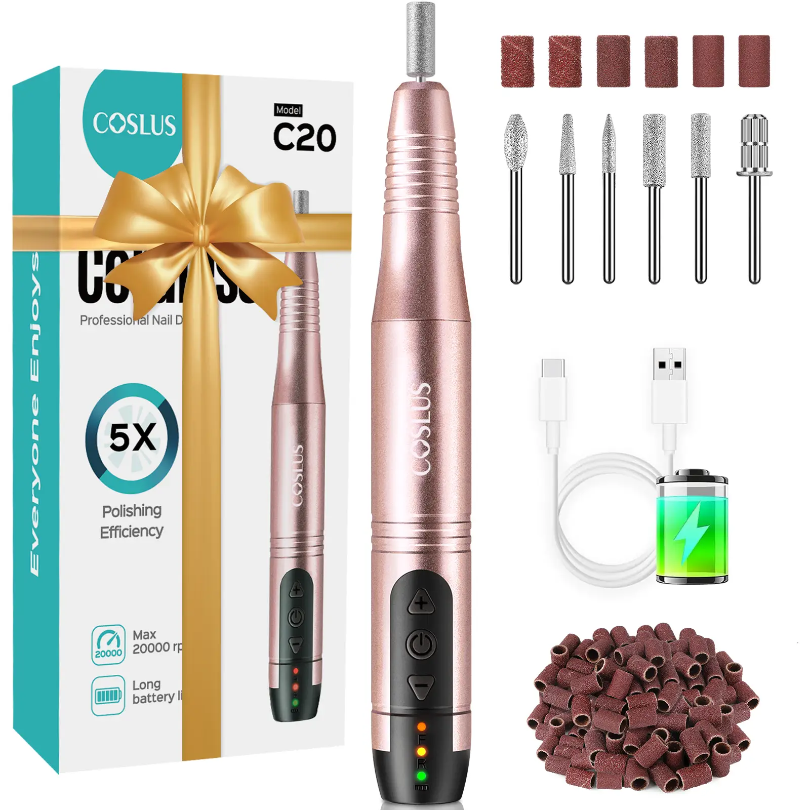 COSLUS C20 Professional Electric Nail File: Manicure and pedicure tool kit, ideal for acrylic, gel, and powder nails, with polishing and filing attach