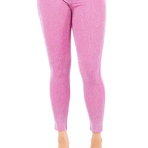 Pink Crystal Rhinestone Leggings - Women's Bottom, Pink with Rhinestone Accents, Stretchy Fabric,Womenswear