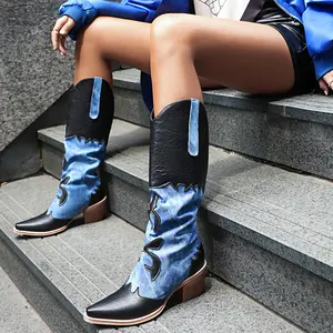 Women Denim Cowboy Boots Patchwork Knee High Boots Colorblock Western Cowgirl Mid Calf Jeans Shoes Pointed Toe Chunky Heel Pull On