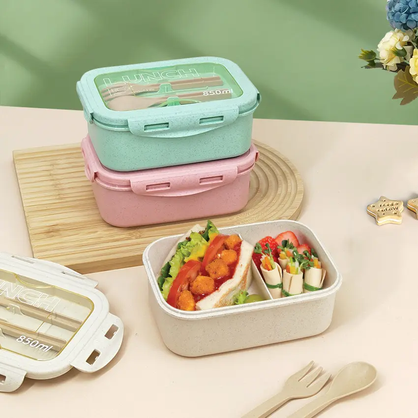 Japanese Style Single Layer Wheat Straw Bento Box, Divided Plastic Microwavable Lunch Container, Portable Meal Prep Food Container For Students Office Workers Weight Loss Diet