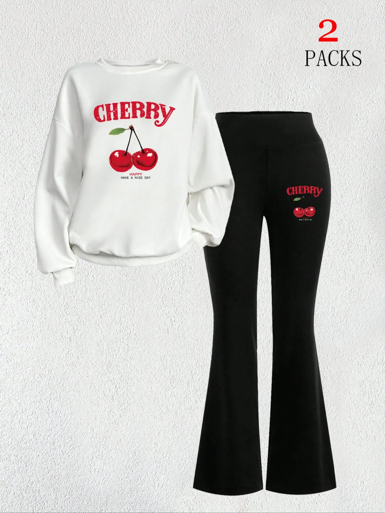 Women's American Retro Style Cherry Print Sweatshirt Set, Fitted Long Sleeve Top & Fashion Flare Pants, Perfect for Outdoor Activities