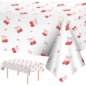 2 Pcs Cherry Birthday Decorations Tablecloth White and Pink Disposable Plastic Rectangle Cherries Bows Table Cover 108x54Inch for Bday Party Decor Supplies Favor