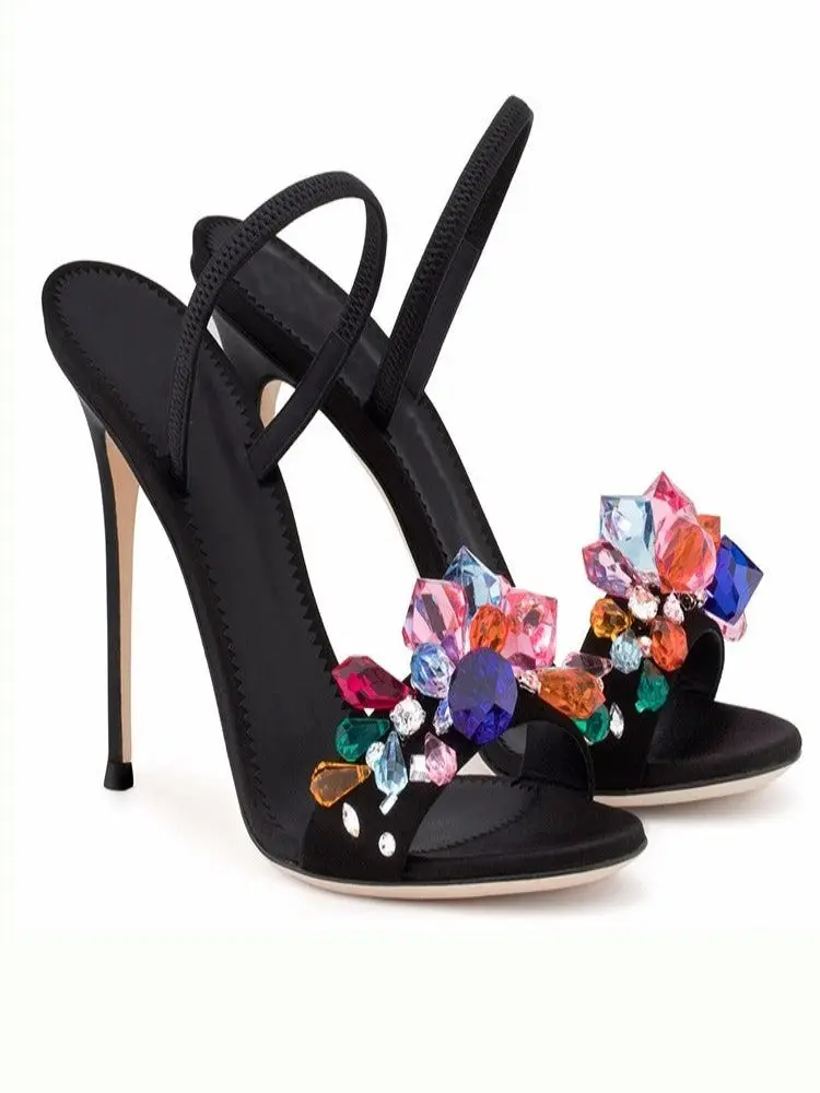 Crystals Sandals - Black Women's High Heel Shoes with Colorful Gemstone Accents, Summer Footwear for Walking