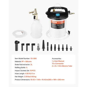 VEVOR Brake Bleeder Kit, 3L Brake Fluid Extractor with 1L Siphon Refilling Bottle 13 Hose Connectors, Complete Brake Fluid Bleeder Kit with Extended Silicone Hose Handle, Fit for Most Vehicles