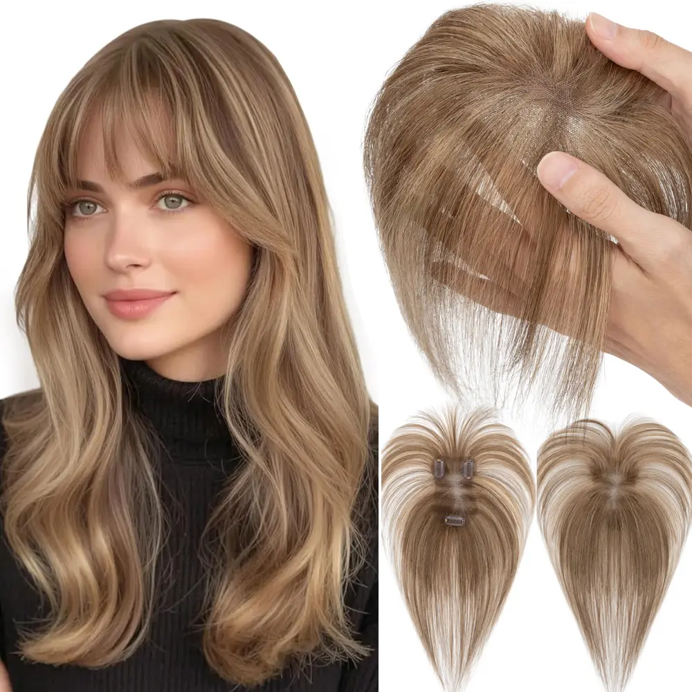 Hair Toppers for Women Real Human Hair with Air Bangs, Curtain Bangs Human Hair Toppers, Clip in Hairpieces Breathable Lace Base, Upgrade 360° 3D Full Coverage Clip in Bangs