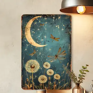 Vintage Dragonflies & Dandelions Moonlit Sky Metal Wall Art - 20.32x30.48 cm Rustic Iron Artistic Wall Decor for Home, Office, Cafe, Bar, Library, Garage - Nature-Inspired Celestial Design with Crescent Moon & Stars, Moon Decor Decoration