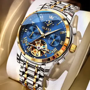 OLEVS Men's Luxury Automatic Mechanical Watch with Skeleton Moon Phase & Luminous Feature Stainless Steel Band 3AT Waterproof 41mm Case Diameter 6617