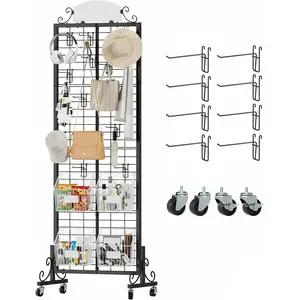 Grid Wall Panel Display Stand, 2.2' x 6.2' FT Gridwall Panel with 8, Craft Show Display Rack Black Grids Standing Wire Rack for Retail Merchandise