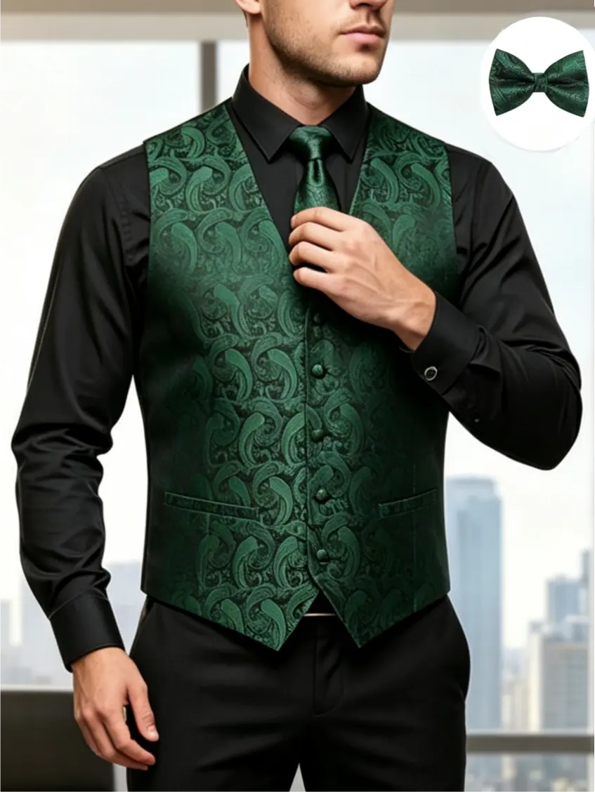 ALIZEAL Men's 5-Piece Sleeveless Paisley Jacquard Button-Down Waistcoat Set - Classic Formal V-Neck Tuxedo Vest with Matching Pocket, Tie, Textured Fabric for Wedding, Prom Nights, Menswear, Suit