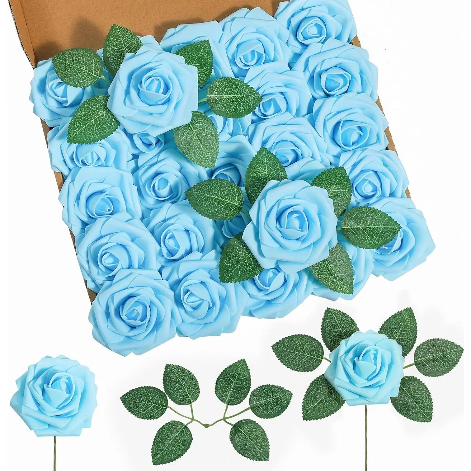 DuHouse 25Pcs Real Touch Silk Artificial Roses with Stems, Foam Fake Flowers for DIY Wedding Bouquet, Home Decor, Decoration, Floral Decor & Gift, Ornaments, Room