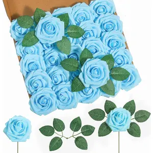 DuHouse 25Pcs Artificial Roses Flowers Fake Rose with Stems Real Touch Foam Flowers for DIY Wedding Bouquet Centerpiece Floral Arrangement Party Home Decor (Sky Blue)